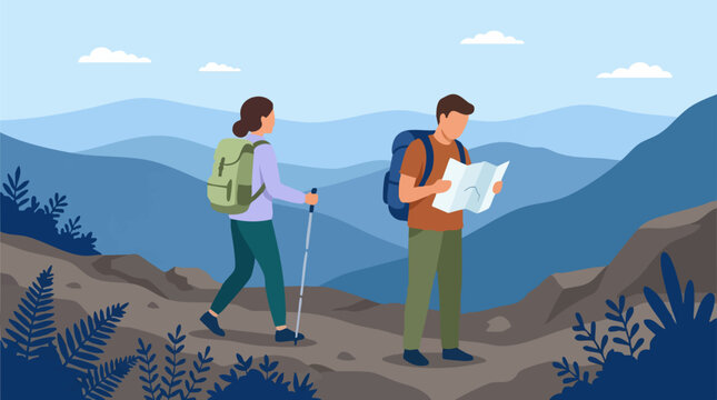 Two hikers with backpacks and map navigating a mountain landscape illustration