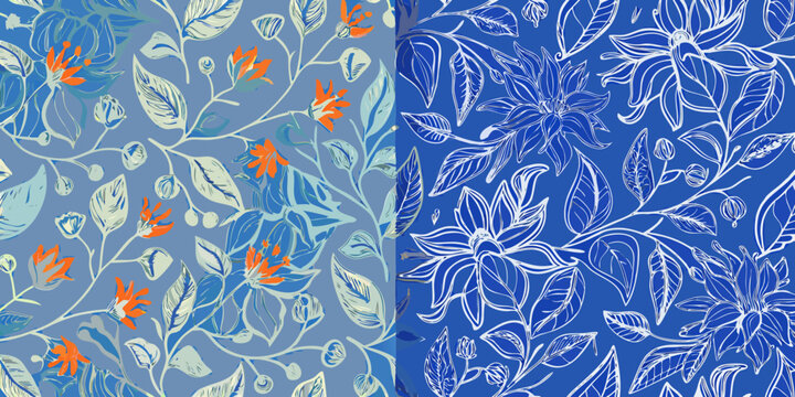 Floral ornament with sketched leaves and blossoms blue and teal color scheme