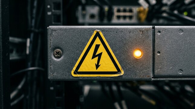 Isolated warning triangle sticker affixed to a high voltage server room panel macro detail - Healthcare Data Security and Hospital Compliance Stock Photo