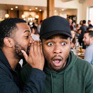 Young adult Black man whispering a secret to a friend with a shocked, wide-eyed expression at a busy indoor restaurant