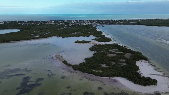 Cinematic aerial view of the stunning contrast between turquoise ocean beaches and lush green mangroves, Holbox Island, Mexico