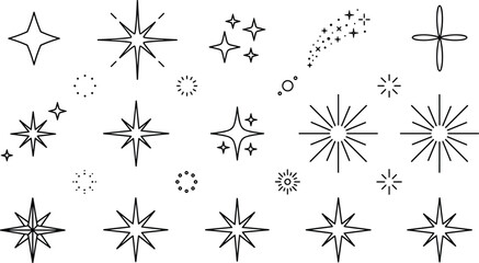 Sparkling star and twinkle line icon set featuring minimalist falling comet bright light bursts starry dust and magic sparkle decoration vector elements © MDHELAL