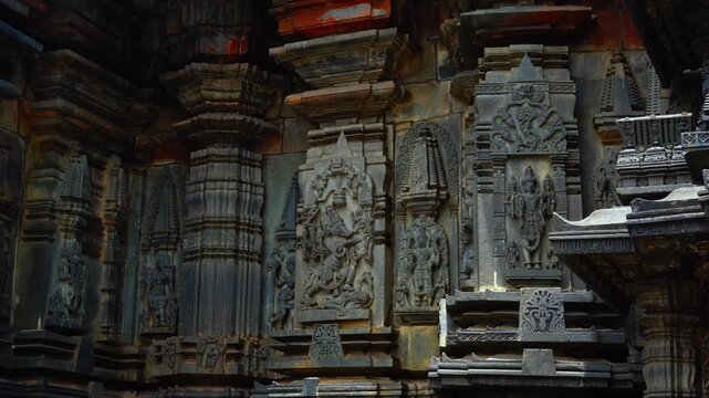 Breathtaking architectural details of the 12th-century Chennakeshava Temple in Belur, Karnataka, India.