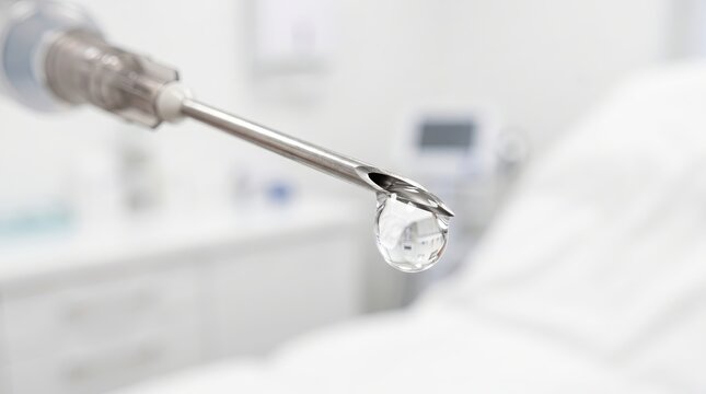 Closeup of surgical trocar tip with clear fluid droplet in clinical setting