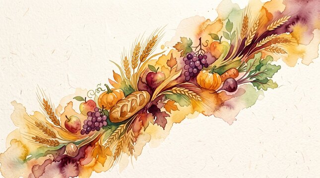 Autumn harvest diagonal design with wheat ears, bread, grapes and other autumn vegetables , soft watercolor design in autumn palette