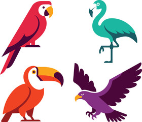 Fototapeta premium Colorful collection of exotic birds including a parrot flamingo toucan eagle illustrated in a stylized flat design on a white background with flamingo wildlife colorful illustration tropical