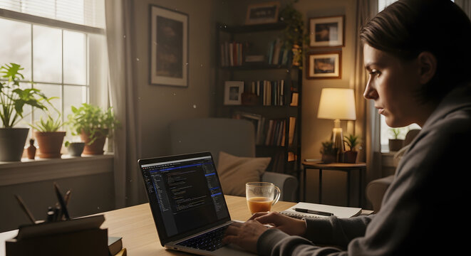 A developer writing code on a laptop in a cozy home office setting with warm ambient lighting