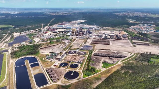 Aerial view of industrial pulp and paper mill factory