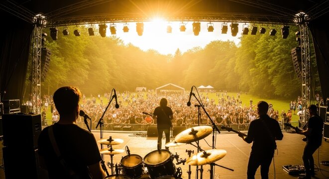 Rock Band Performing on Outdoor Stage at Music Festival During Golden Hour Sunset with Large Crowd