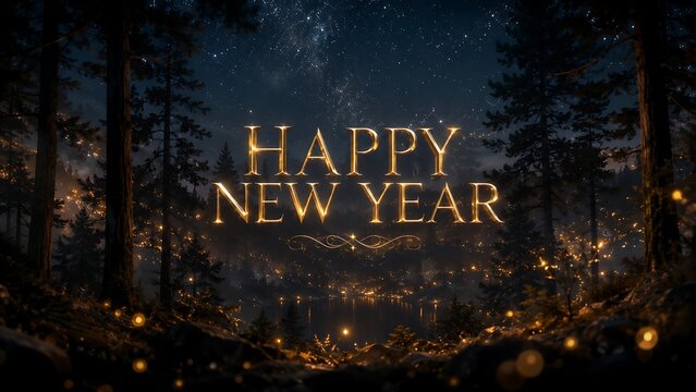 Golden glowing happy new year text in a magical dark forest with fireflies and starry night sky