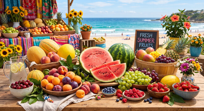 Fresh summer fruits on a wooden table