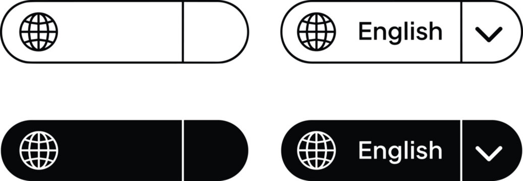 English language selector buttons, globe icon dropdown menu, translation web elements, website interface design, global communication icons, localization interface, online.