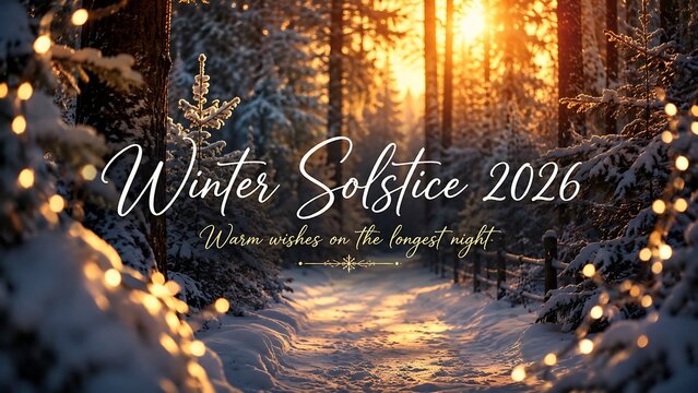 Enchanted winter solstice forest path with golden sunset light and snow-covered trees, magical atmosphere