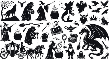 Fantasy and fairytale silhouettes, magic wizard, witch, dragon, mermaid, ghost, wolf, carriage, mythical creatures, medieval lore, enchanted forest icons © MstSumi