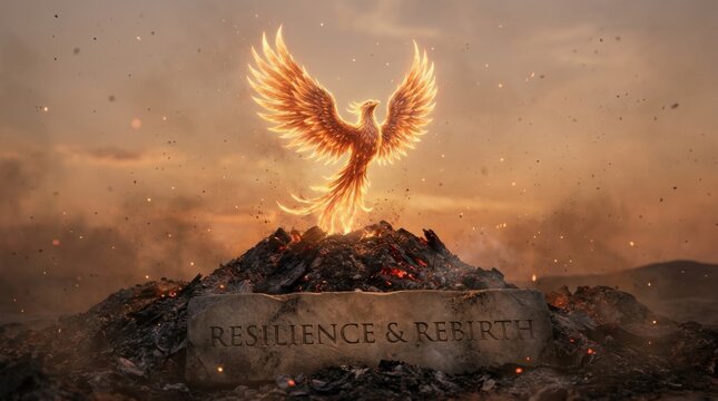 Mythological fire phoenix bird rising from burning ashes ruins as symbol of resilience and rebirth concept