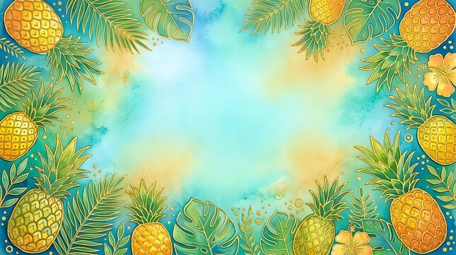 Tropical pineapple and palm leaf frame on watercolor sky background, isolated design element for summer marketing, invitations, and seasonal promotional materials.
