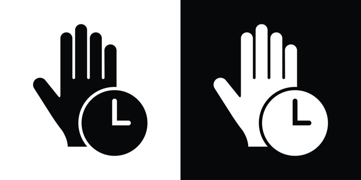 Open hand gesture paired with a clock symbol. Modern graphic design representing wait time, patience, time out, holding, or scheduling concepts.