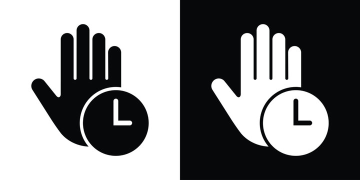 Open hand gesture paired with a clock symbol. Modern graphic design representing wait time, patience, time out, holding, or scheduling concepts.
