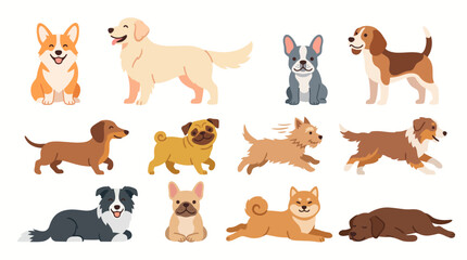 Obraz premium A collection of various dog breeds depicted in cartoon style, showcasing different poses and characteristics of popular canine companions.
