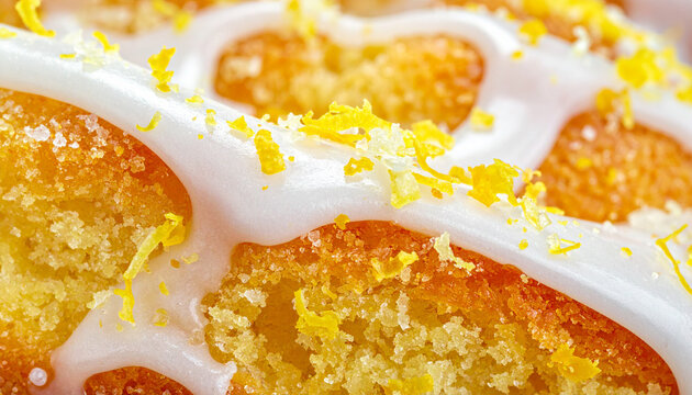 Lemon drizzle cake with sugar glaze crystals and citrus zest texture macro