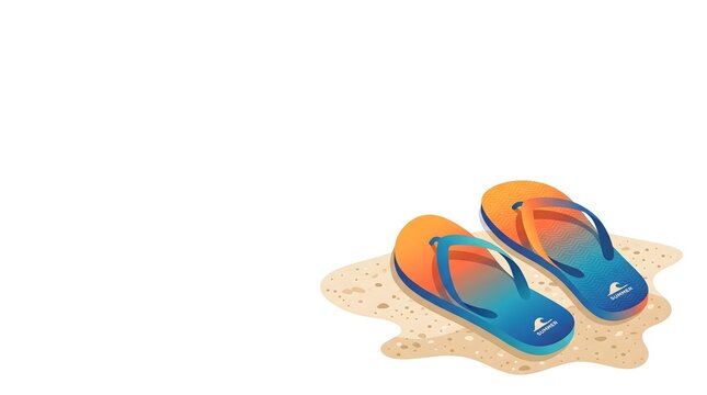 Pair of colorful orange and blue rubber flip flops on sand beach background