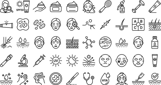 Skincare and dermatology line icon collection with skincare dermatology treatment aesthetic cosmetic