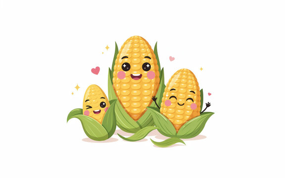 Happy cartoon corn family with smiling faces in green husks during summer Isolated on transparent background