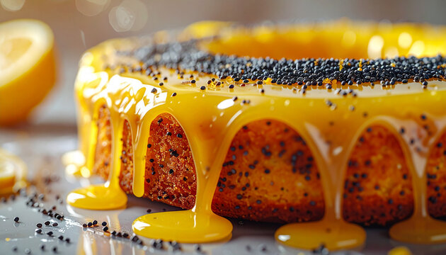 Lemon poppy seed cake with citrus glaze shine and textured crumb macro
