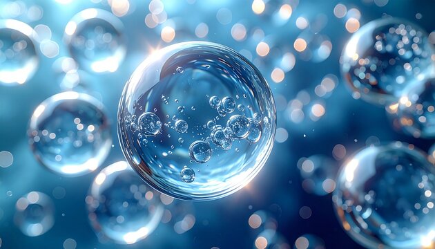 Transparent crystal balls with water bubbles row alignment and soft lighting