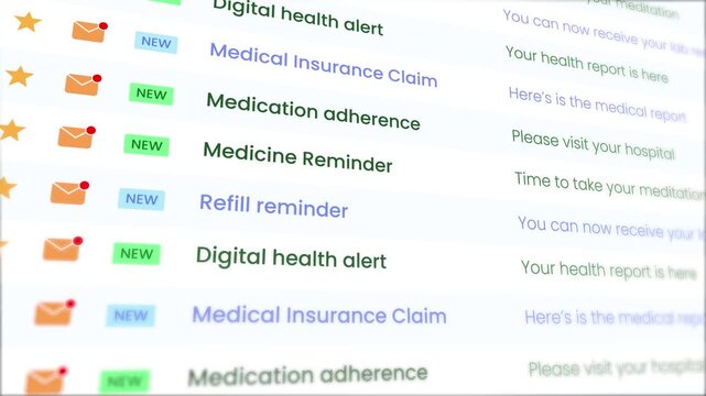 Email inbox interface various pharmacy notifications animation isolated on white background