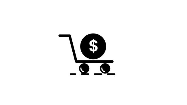 Shopping cart icon with dollar coin animation isolated on white background