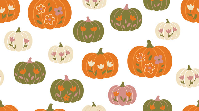 Seamless pattern with floral pumpkins isolated on white background