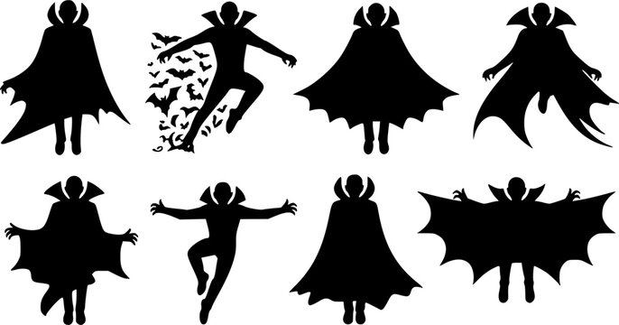 Vampire Dracula black silhouette icon set featuring counts with long high collared cloaks, capes, open wings, jumping poses, and flying bats.