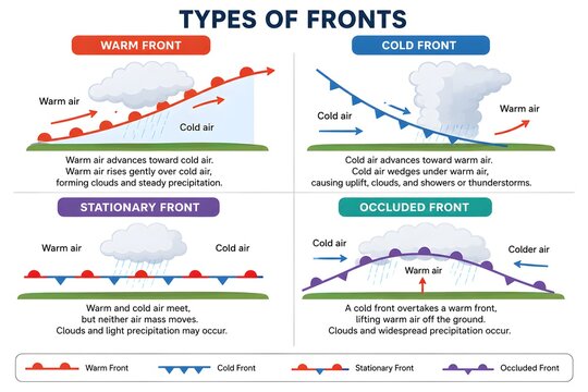 Warm Front Cold Front Stationary Front and Occluded Front Comparison Chart