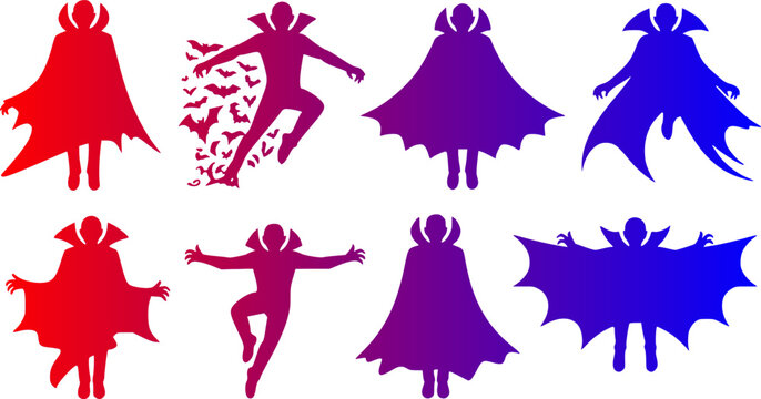Vampire Dracula silhouette icon set featuring counts with long high collared cloaks, capes, open wings, jumping poses, and flying bats.