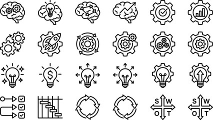 Set of business strategy and innovation line icons with innovation strategy brainstorming business planning © RINA