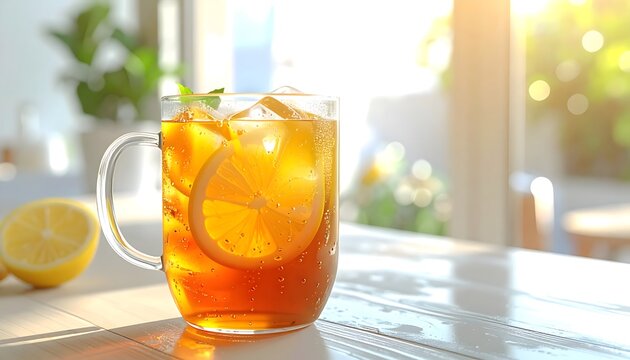 Refreshing iced lemon tea in a clear glass mug on a bright sunny cafe table, perfect for summer