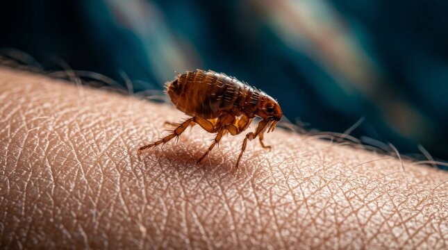 Macro close up of a brown flea on human skin. Parasite insect biting detail with visible pores and hair. Pest control and dermatology concept background.
