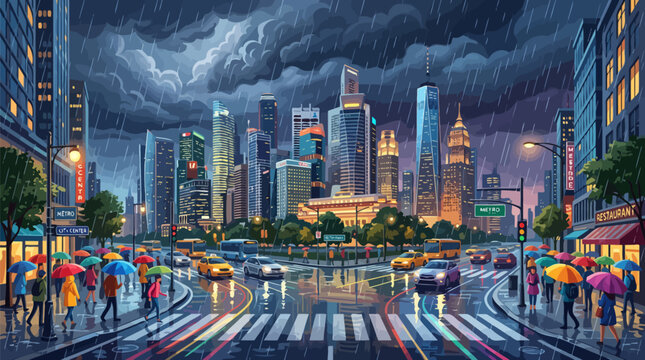 Rainy city street intersection with skyscrapers and pedestrians at night