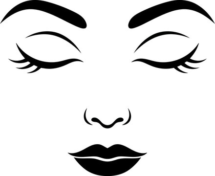Minimalist line art illustration of a woman face with closed eyes and red lips isolated on white background