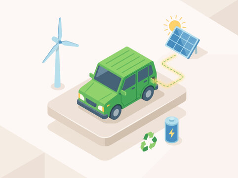Green car charges on platform with solar panel and wind turbine nearby outdoors