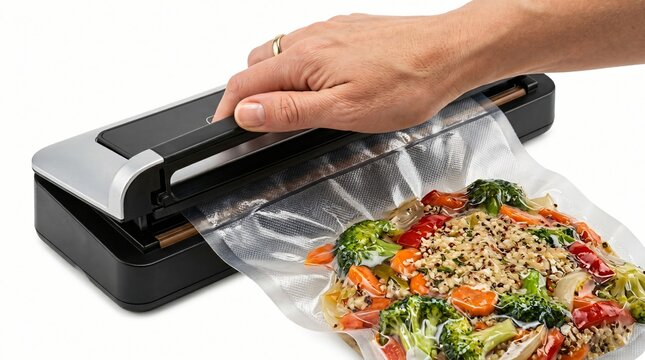 Close-up of a hand sealing a vacuum-sealed bag filled with mixed vegetables and grains using a modern food preservation device on a clean white background