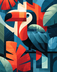 Obraz premium Beautiful colorful geometric illustration of a toucan bird perched among vibrant tropical leaves in a lush rainforest jungle with textured art style and bold red blue and orange colors in nature