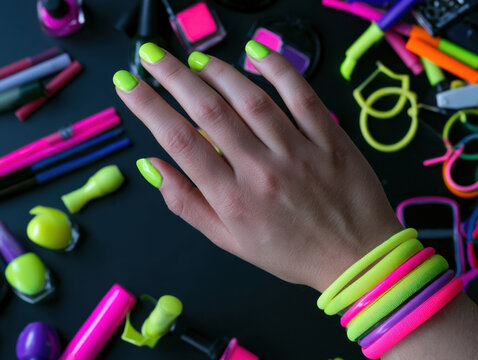 Close up of female hand showcasing bright neon green manicure and vibrant colorful bracelets on wrist with neon makeup products cosmetics and colorful accessories scattered on a dark black background