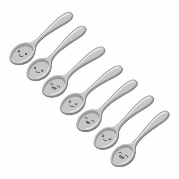 Cute cartoon spoons with different happy smiley face expressions vector illustration.