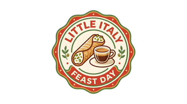 Little Italy Feast Day celebration with cannoli and espresso. Vintage Italian festival badge featuring dessert and coffee icons.