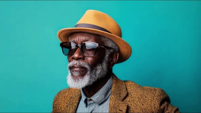 Stylish elderly man with gray beard wearing glasses and a yellow hat against a vibrant turquoise background showcasing fashion and individuality in mature age photography.