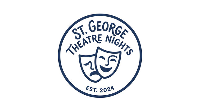 Vintage theater mask logo for community playhouse anniversary. Classic comedy tragedy emblem celebrating 100 years of performing arts.