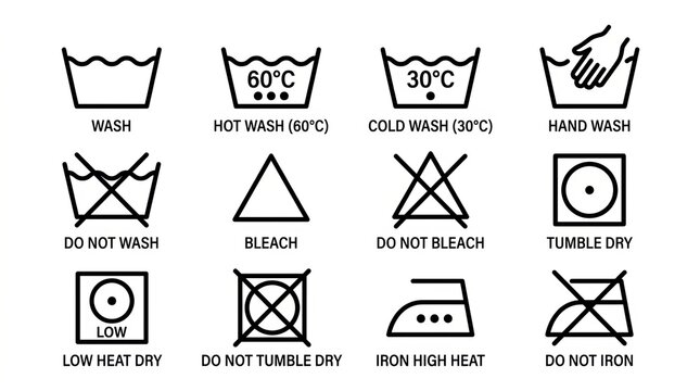 Set of twelve laundry care symbols for washing and drying instructions on clothing tags.
