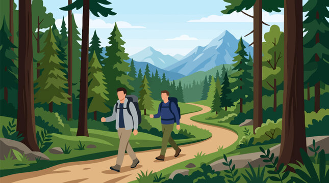Two men hiking in a beautiful mountain forest landscape on a winding trail